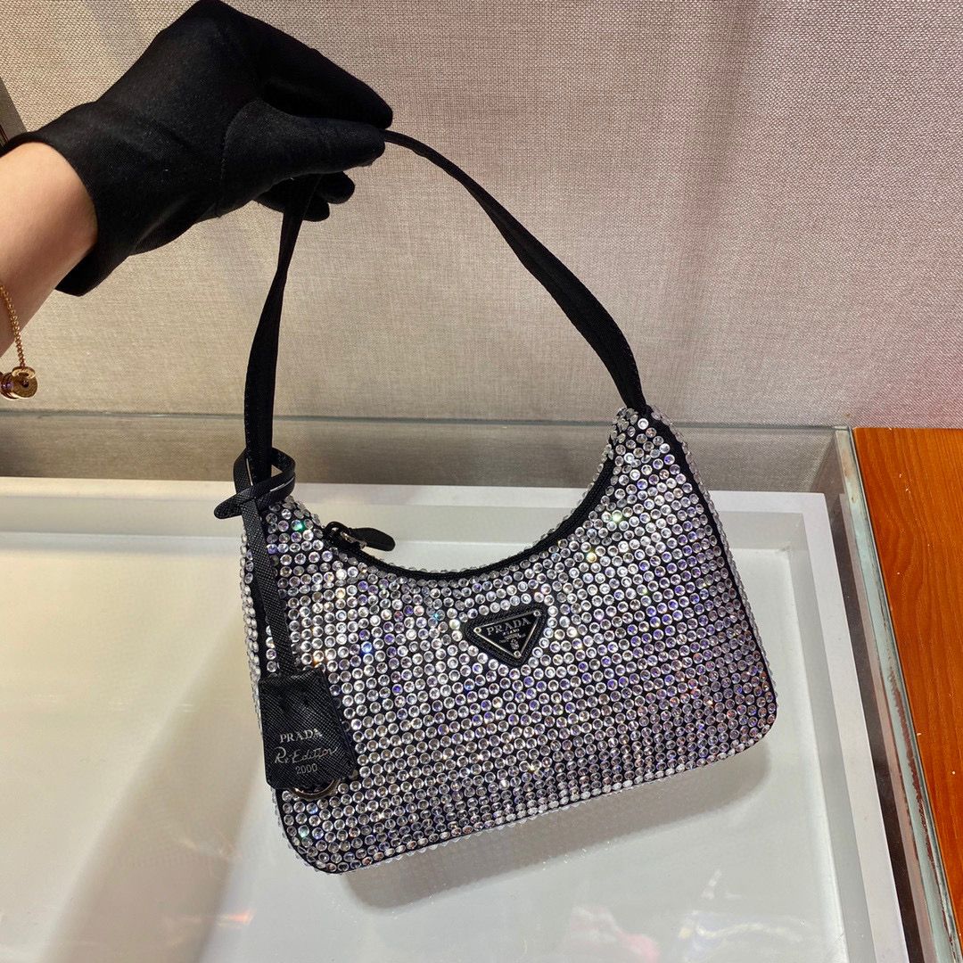 TOP PRADA Re-Edition 2000 Bag Bling Bling Hobo Bag  - Black
