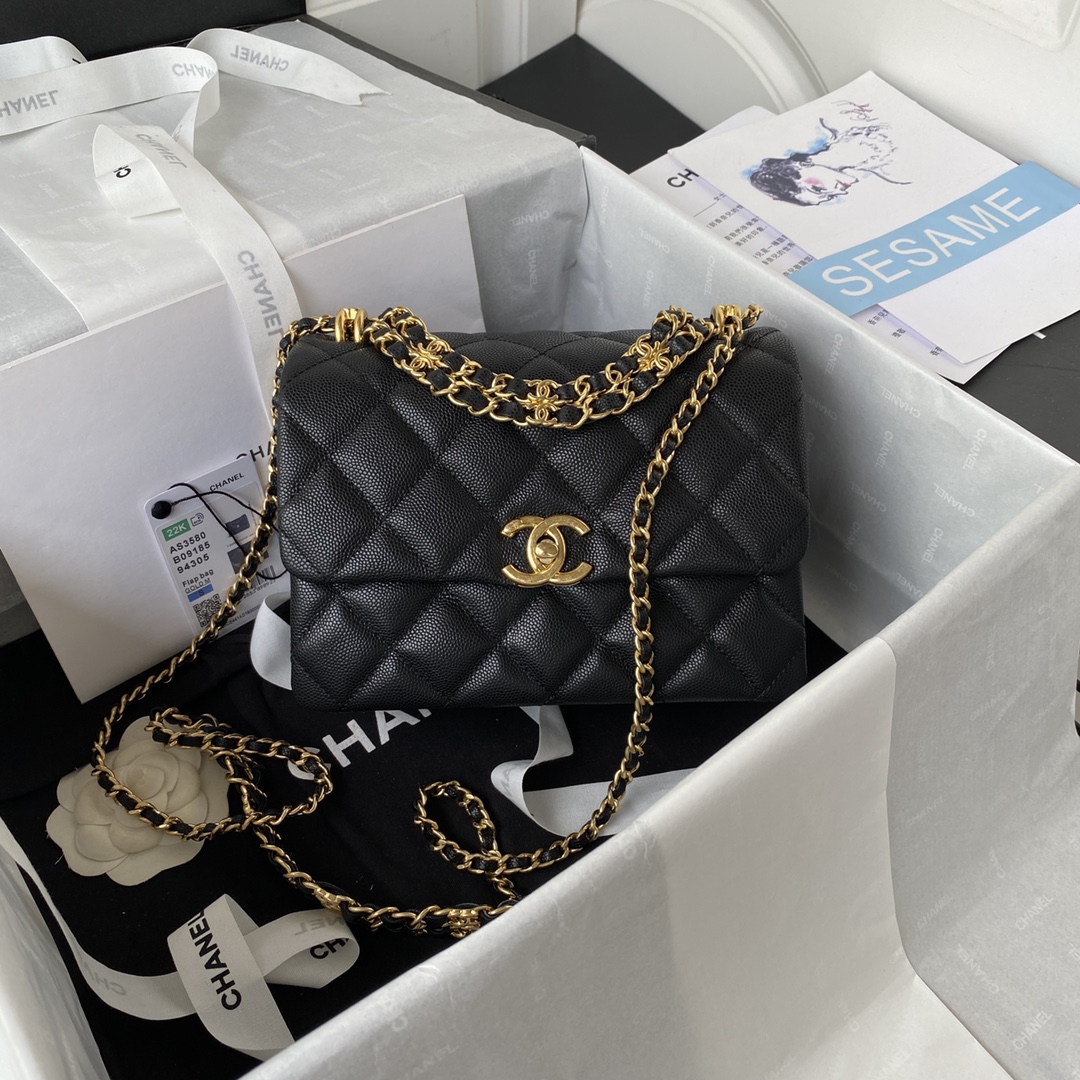 TOP CHANEL Litchi Calfskin Mini Flab Bags 20cm - Black/White - GHW