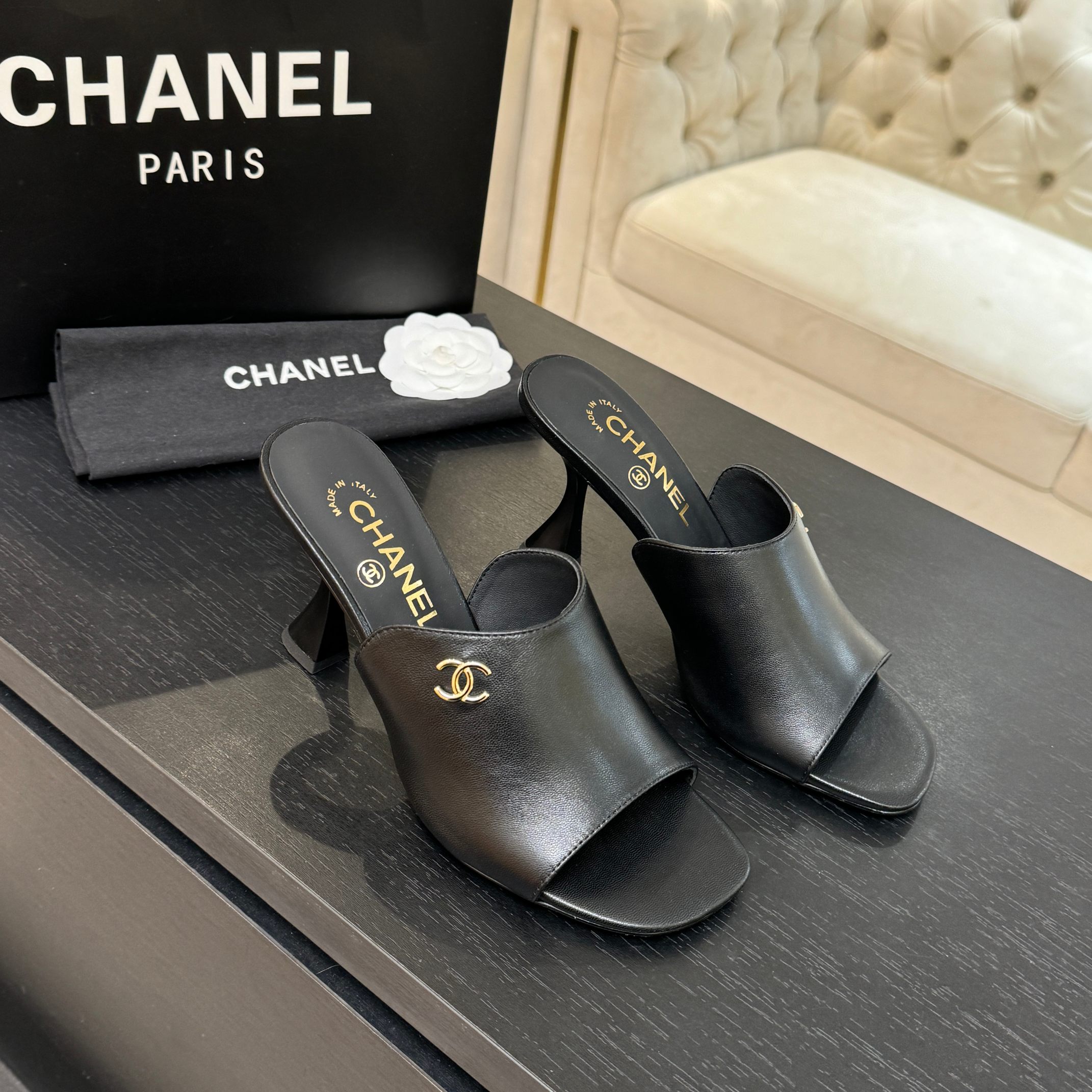 TOP CHANEL Calfskin High Heel Sliders - Black