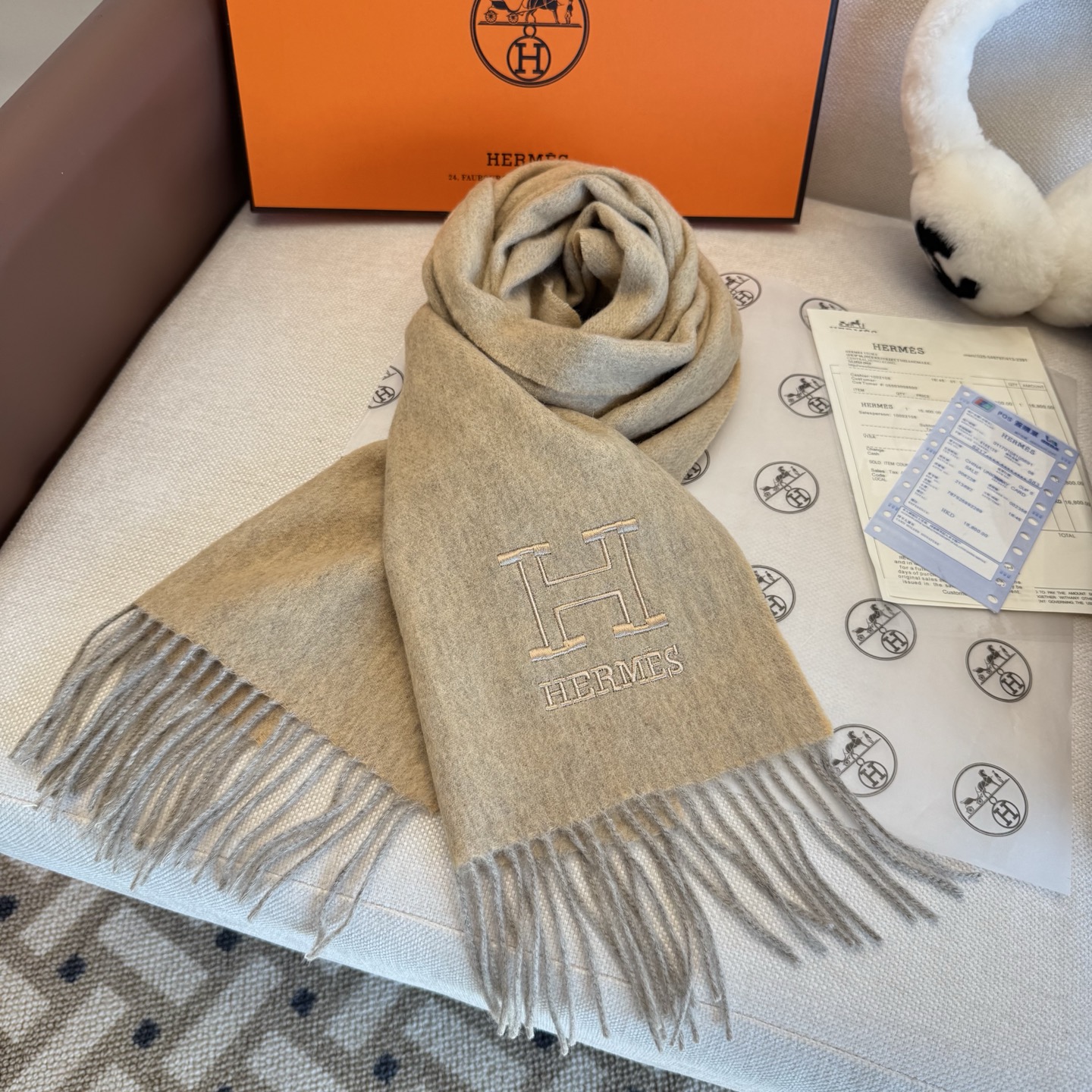 TOP HERMES Scarf with Embroidery Logo 35 x 190 cm - Gray