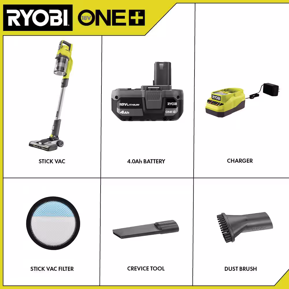 ONE+ 18V Cordless Stick Vacuum Cleaner Kit with 4.0 Ah Battery and Charger