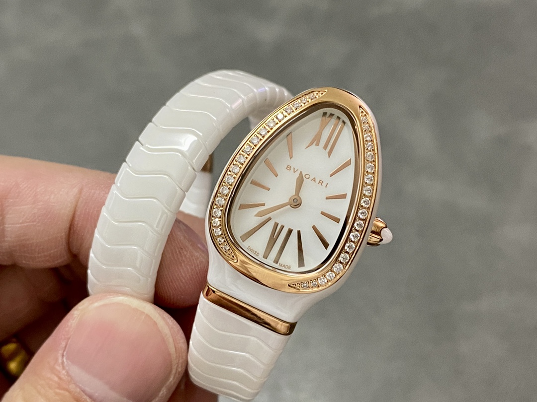 Top BVLGARI Serpenti Spiga 35 Watch with Diamond - White