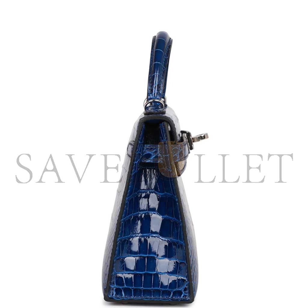HERMÈS MINI KELLY II SELLIER BLEU SAPHIR SHINY ALLIGATOR PALLADIUM HARDWARE (19*12*5.5cm)