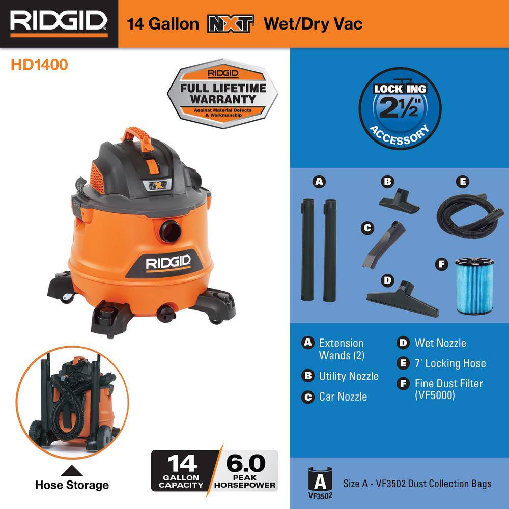 14 Gallon 6.0 Peak HP NXT Shop Vac Wet Dry Vacuum with Fine Dust Filter, Locking Hose and Accessory Attachments