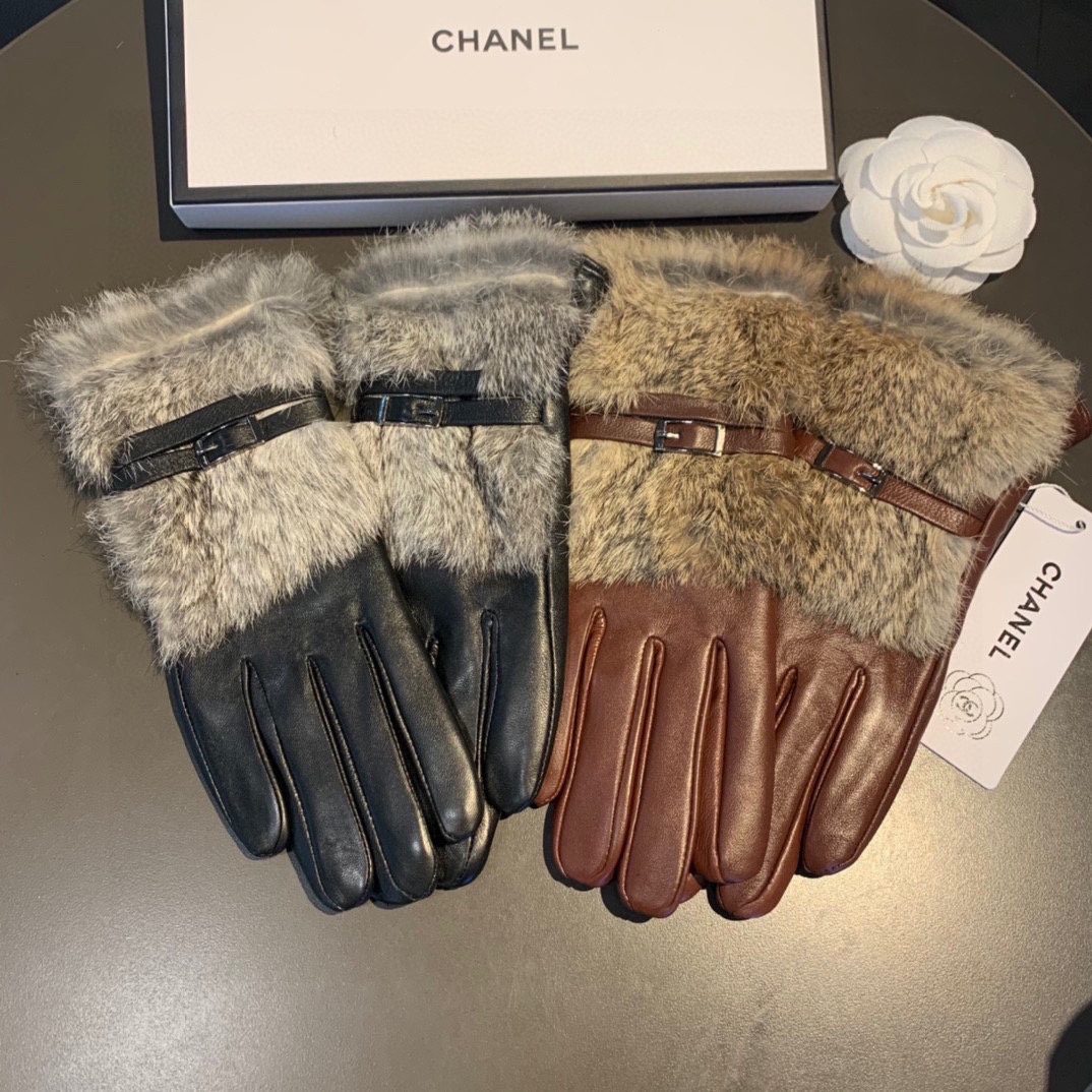 TOP CHANEL  Autumn and Winter Lazy Rabbit Hair Sheepskin Gloves - 2 Colors