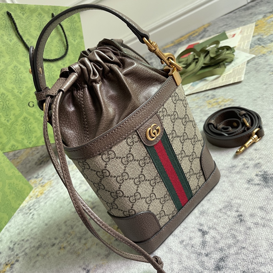 TOP GUCCI Triangle Mini Bucket Bag 18x16x6cm - Brown&GHW