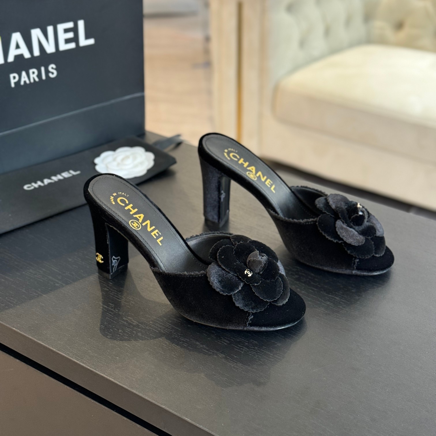TOP CHANEL 8cm High Heel Camellia Slippers - 5 Color