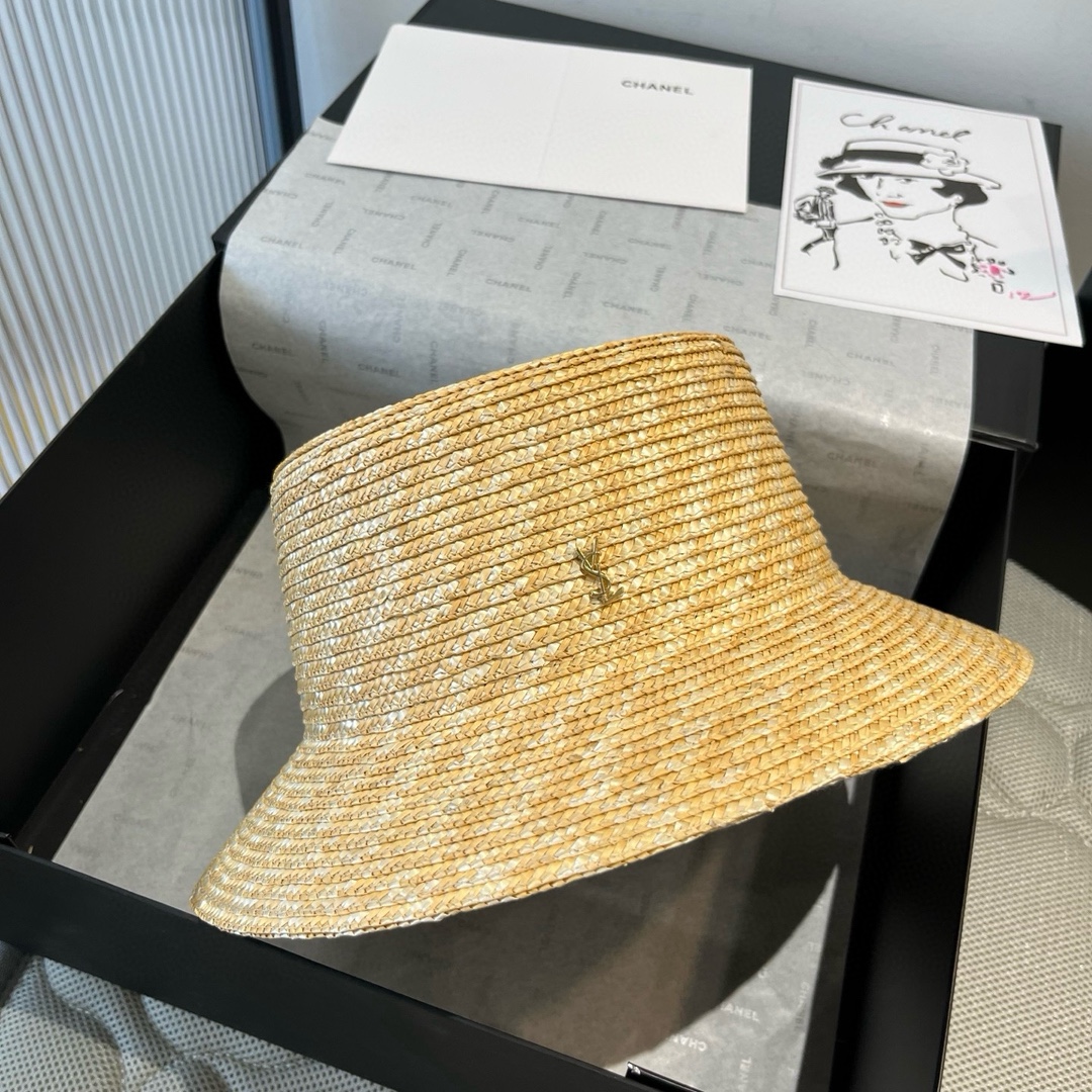 TOP Yves Saint Laurent YSL Raffia Basin Hat - Beige