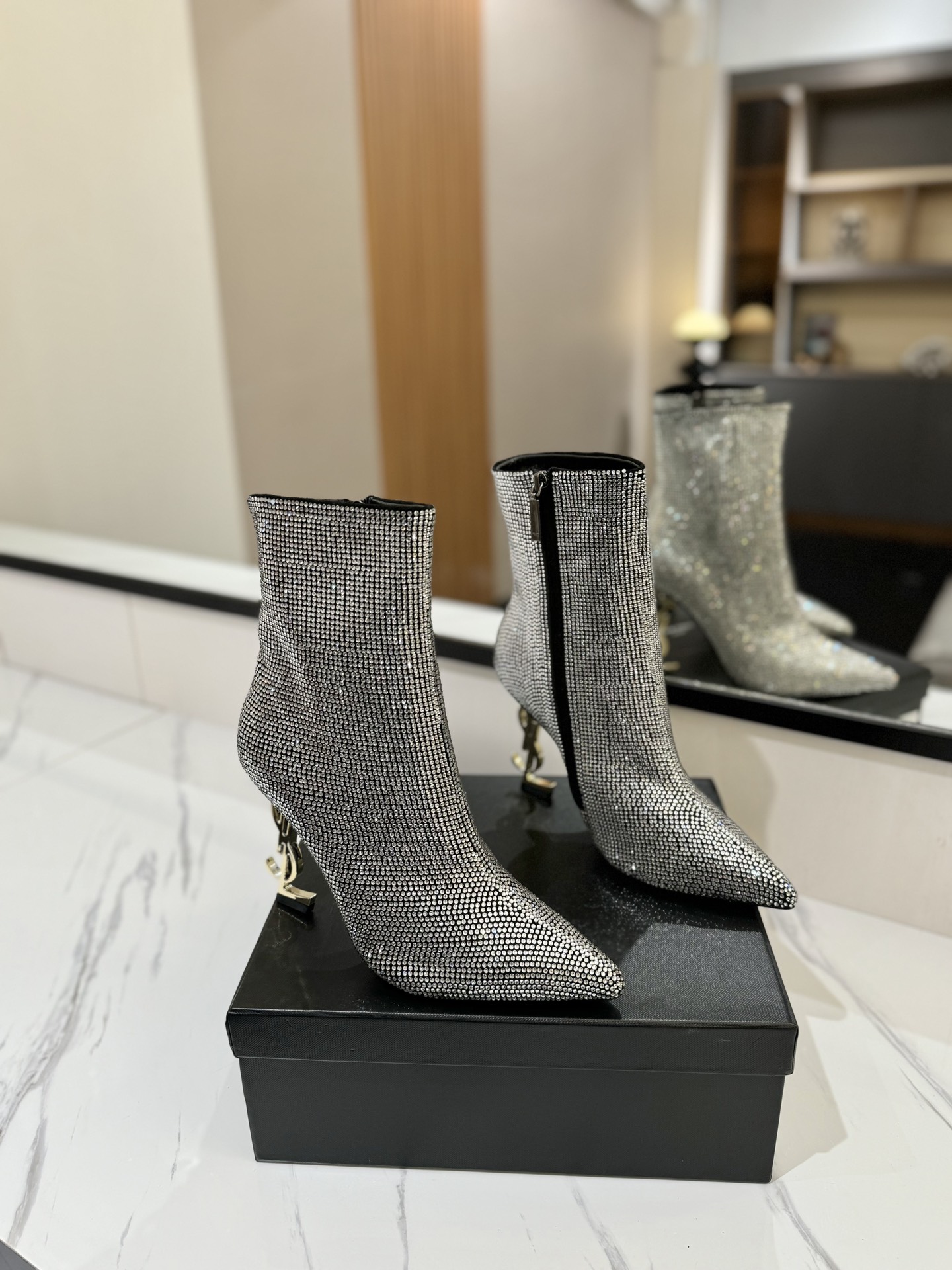 TOP Yves Saint Laurent YSL Letter Heel Short Boots with Diamonds - 2 Colors