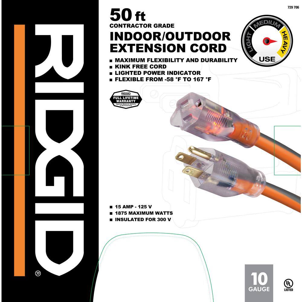 50 ft. 10/3 Heavy Duty Indoor/Outdoor SJTW Extension Cord with Lighted End, Orange/Grey