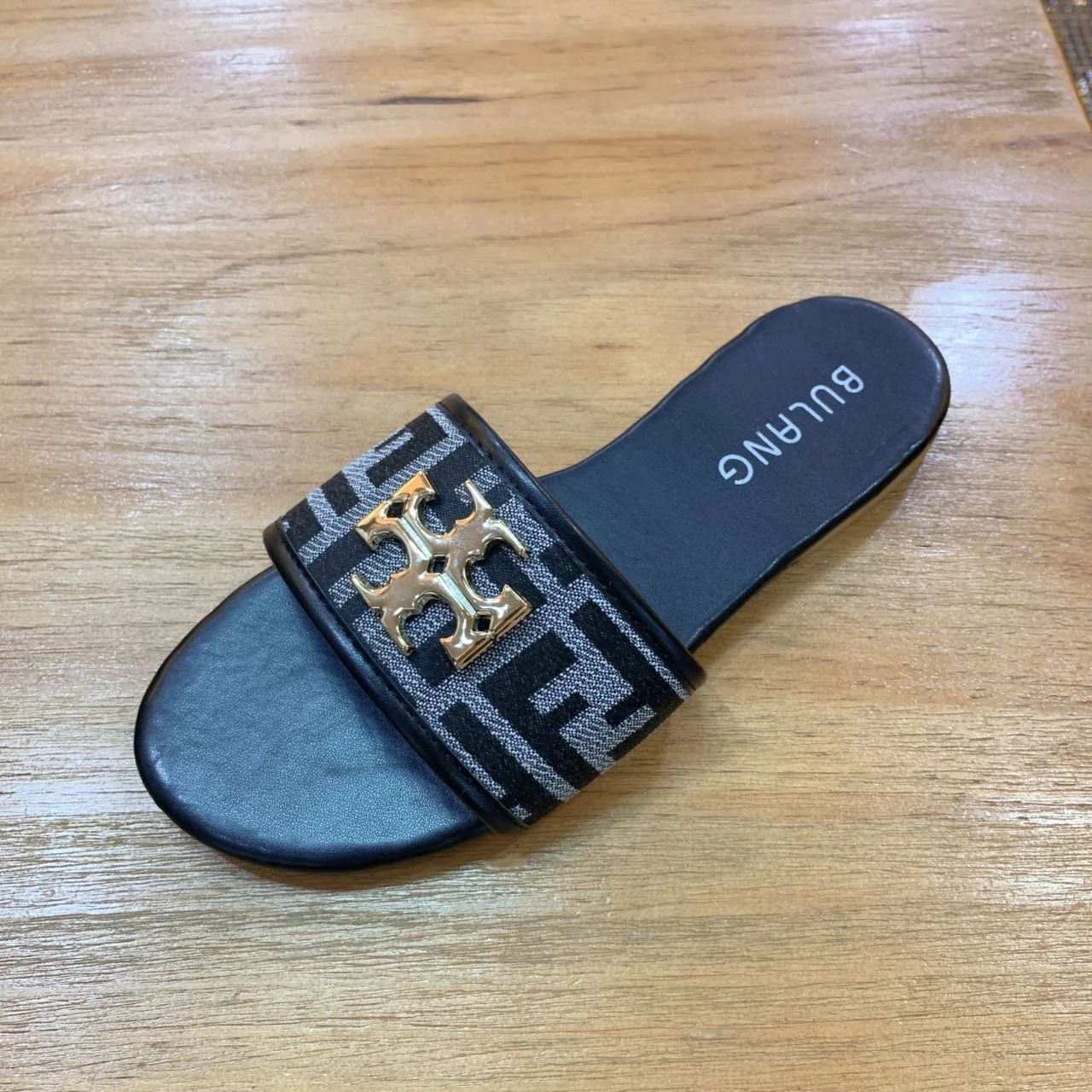 AAASandals Women Flat Slide Sandals, Geometric Printed Fabric Strap Open Toe Slippers, Gold Metal Embellishment Slip On Summer Slides