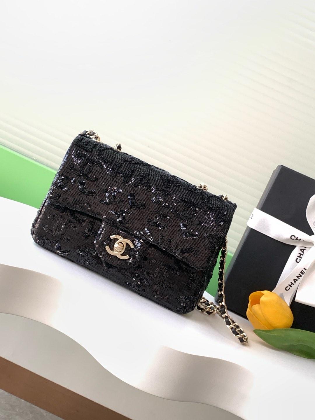 TOP CHANEL Sequin Logo Printed Flap Bag 20cm - Black