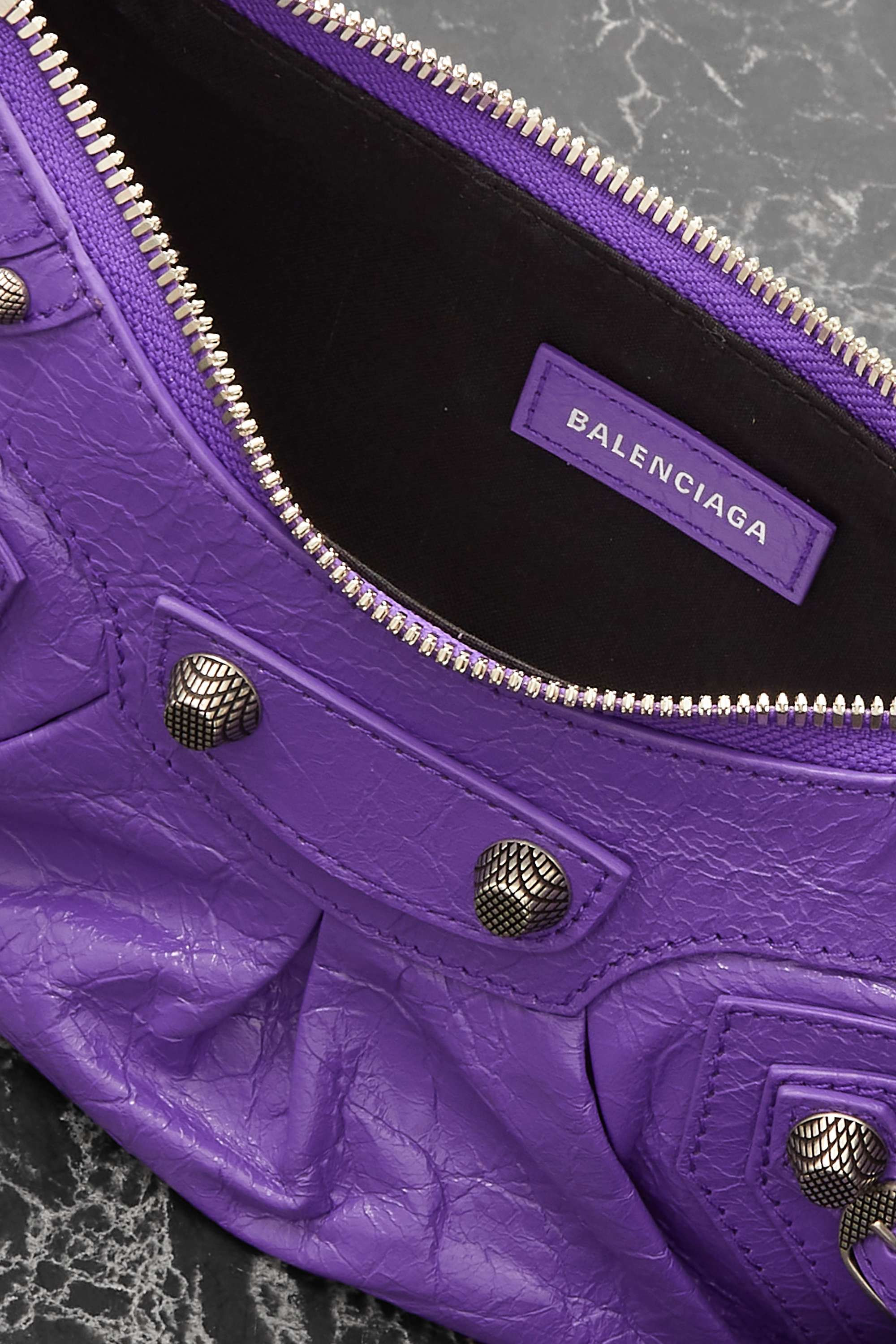 BALENCIAGA Le Cagole XS studded crinkled-leather shoulder bag purple（10A Mirror Version）