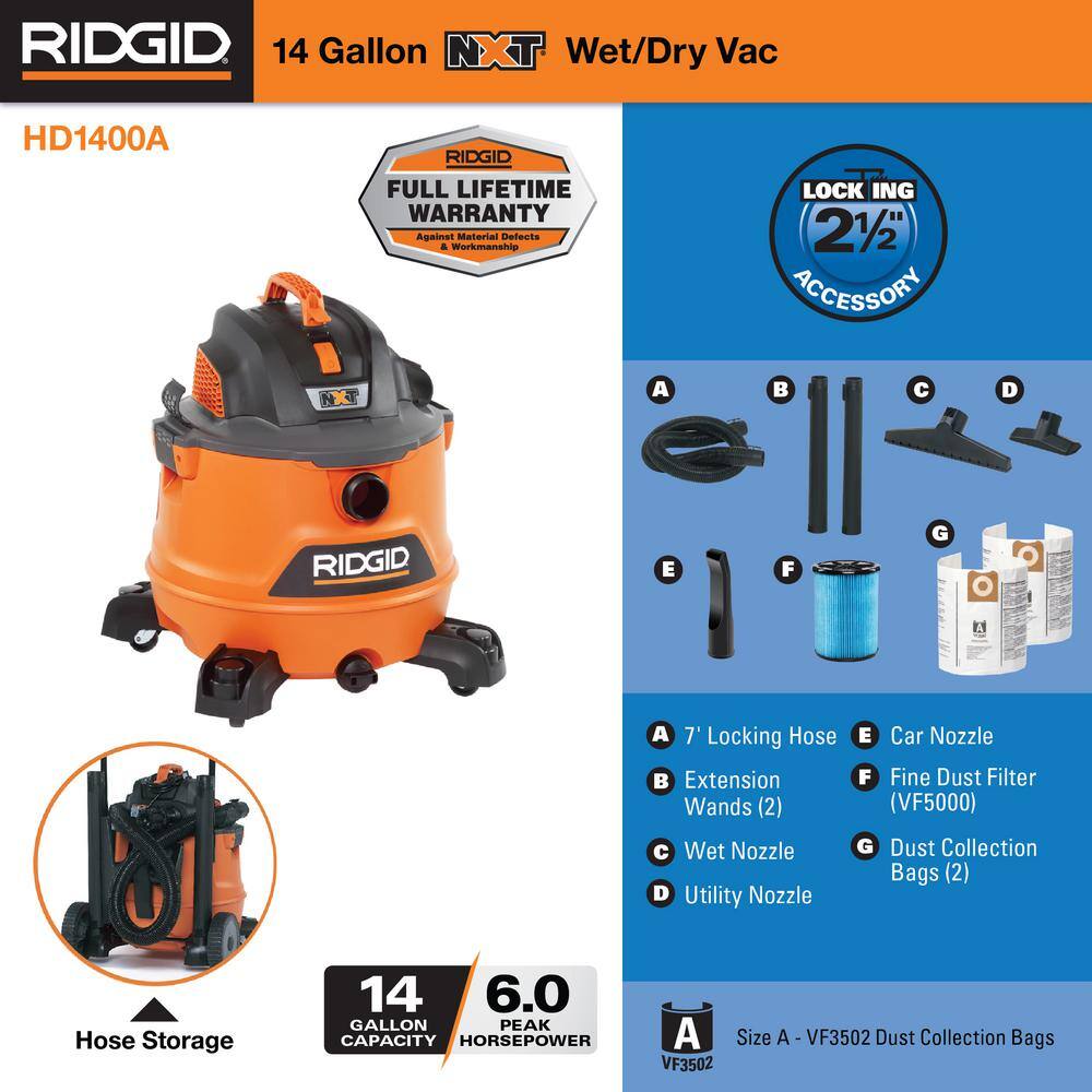 14 Gallon 6.0 Peak HP NXT Shop Vac Wet Dry Vacuum with Fine Dust Filter, Dust Bags, Locking Hose and Accessories