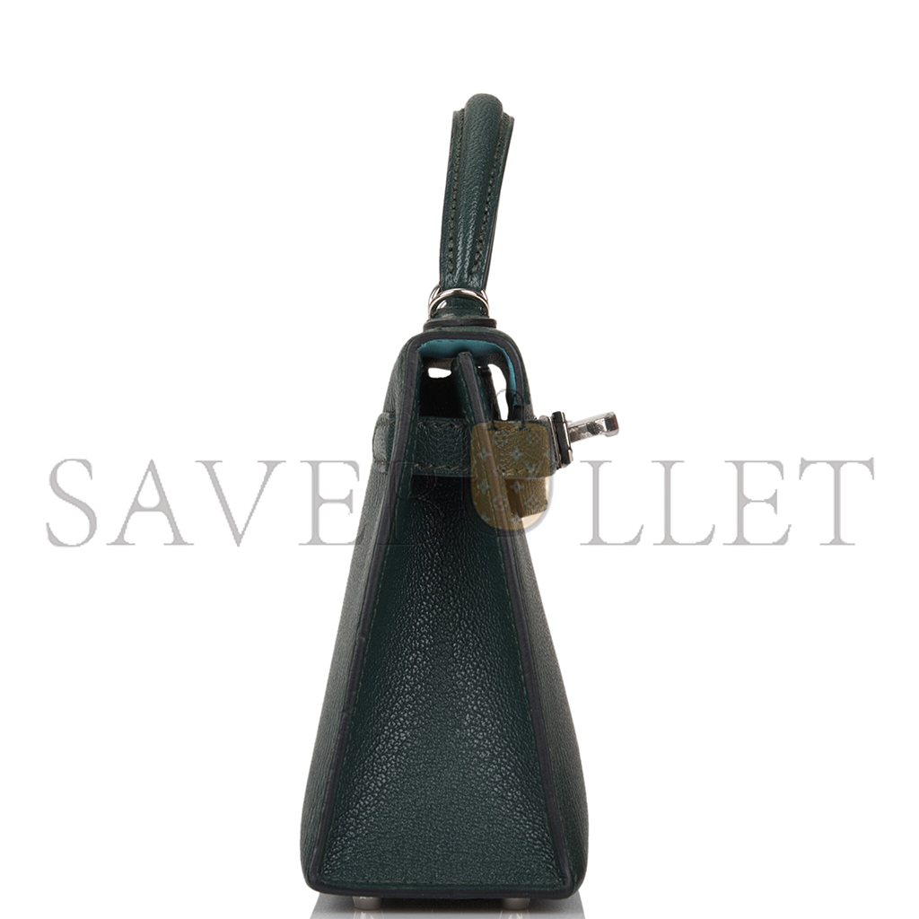 HERMÈS SELLIER KELLY II CHEVRE LEATHER TITAN GREEN WITH NORTHERN BLUE INSIDE (19*12*5.5cm)