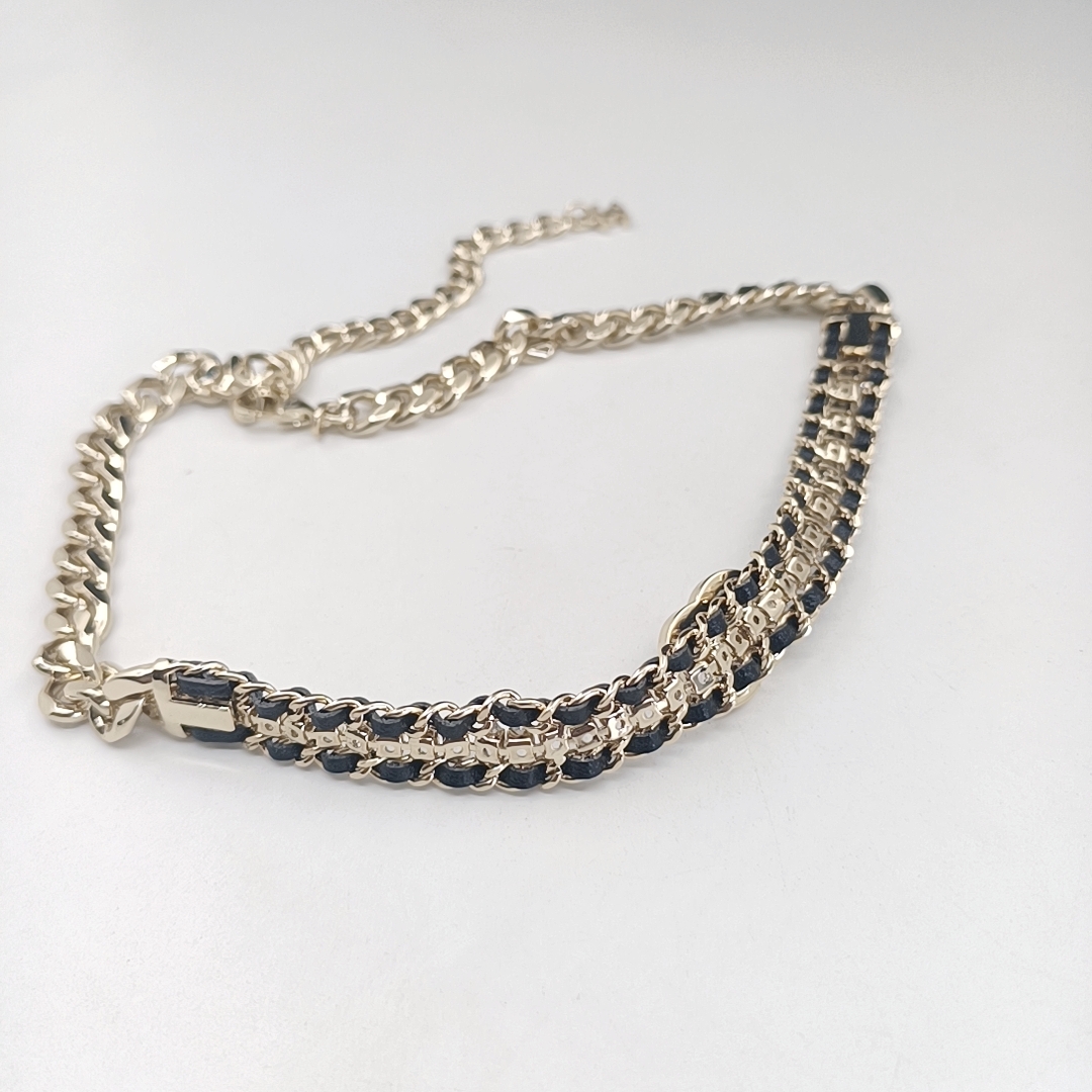 TOP CHANEL Black Leather Marquise Diamond Necklace