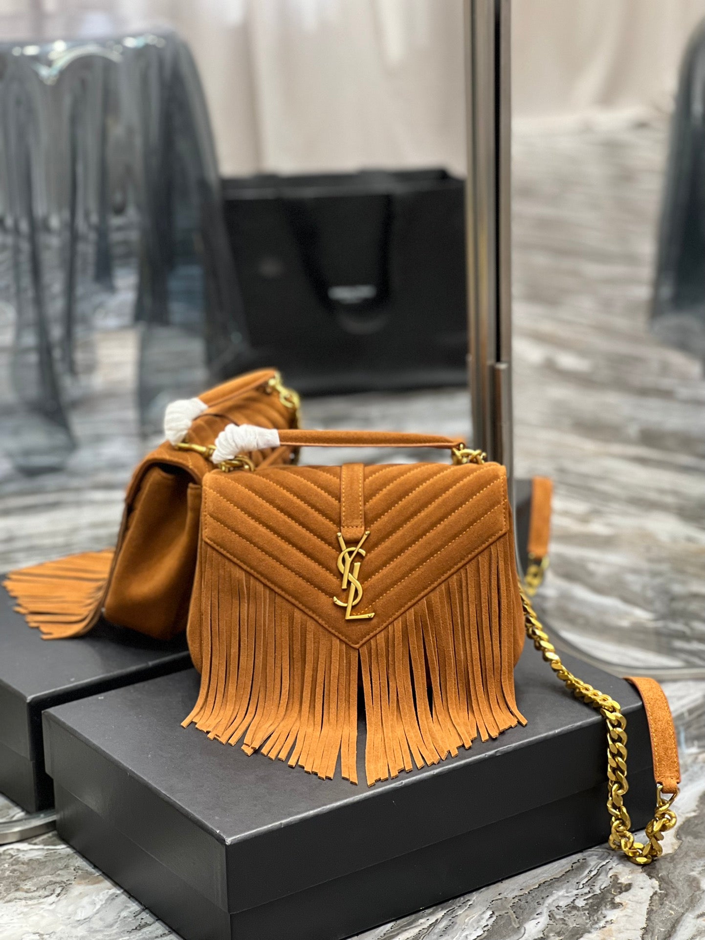 TOP Yves Saint Laurent YSL College Fringe Suede Small Bag - Brown GHW