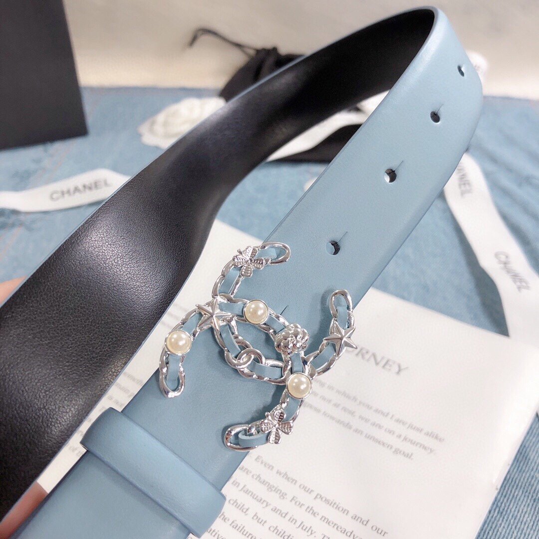 Chanel Belt With Double C Buckle Light Blue Silver Toned Hardware Women Belt 30MM