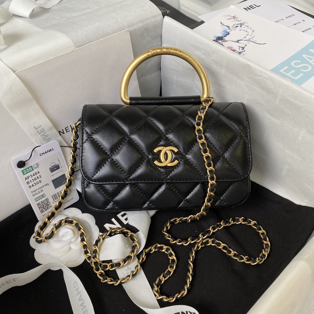 TOP CHANEL Metal Bracelet Flip Phone Trendy Bag Raised Logo 9 × 17.2 × 3.5 cm - Black