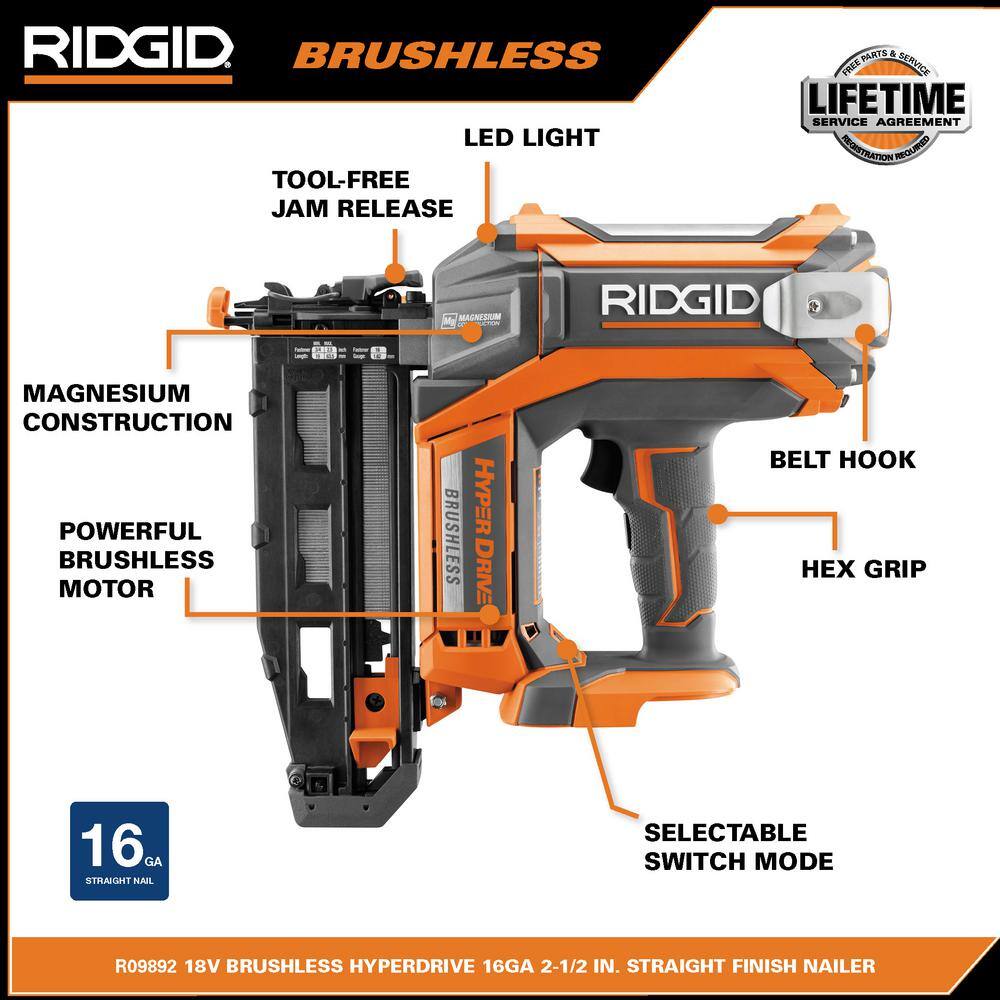 18V Brushless Cordless HYPERDRIVE 16-Gauge 2-1/2 in. Straight Finish Nailer(Tool Only), Belt Clip, Bag, Sample Nails