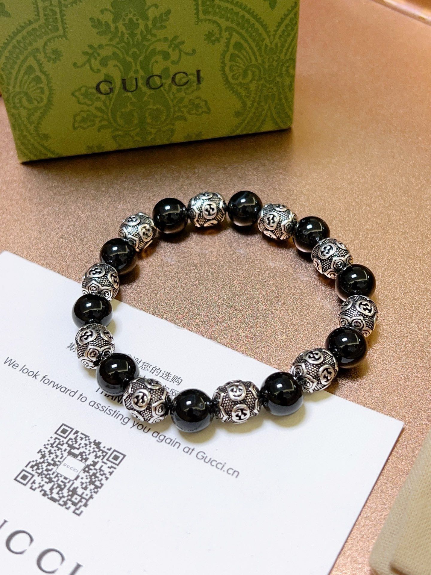 TOP GUCCI Black Agate Beaded Bracelet - Black&Silver