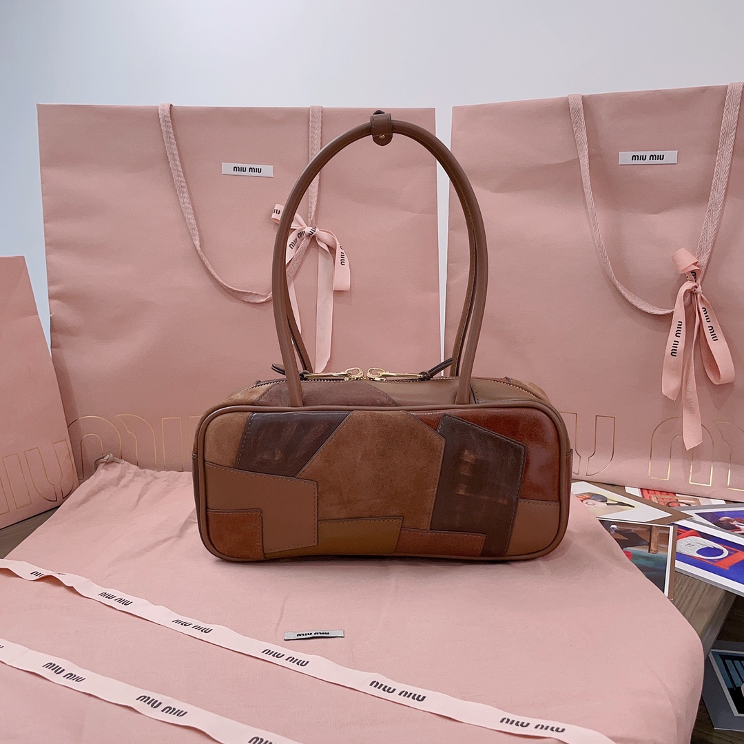 TOP Miu Miu Spliced Bowling Bag 28X12X9cm - Brown