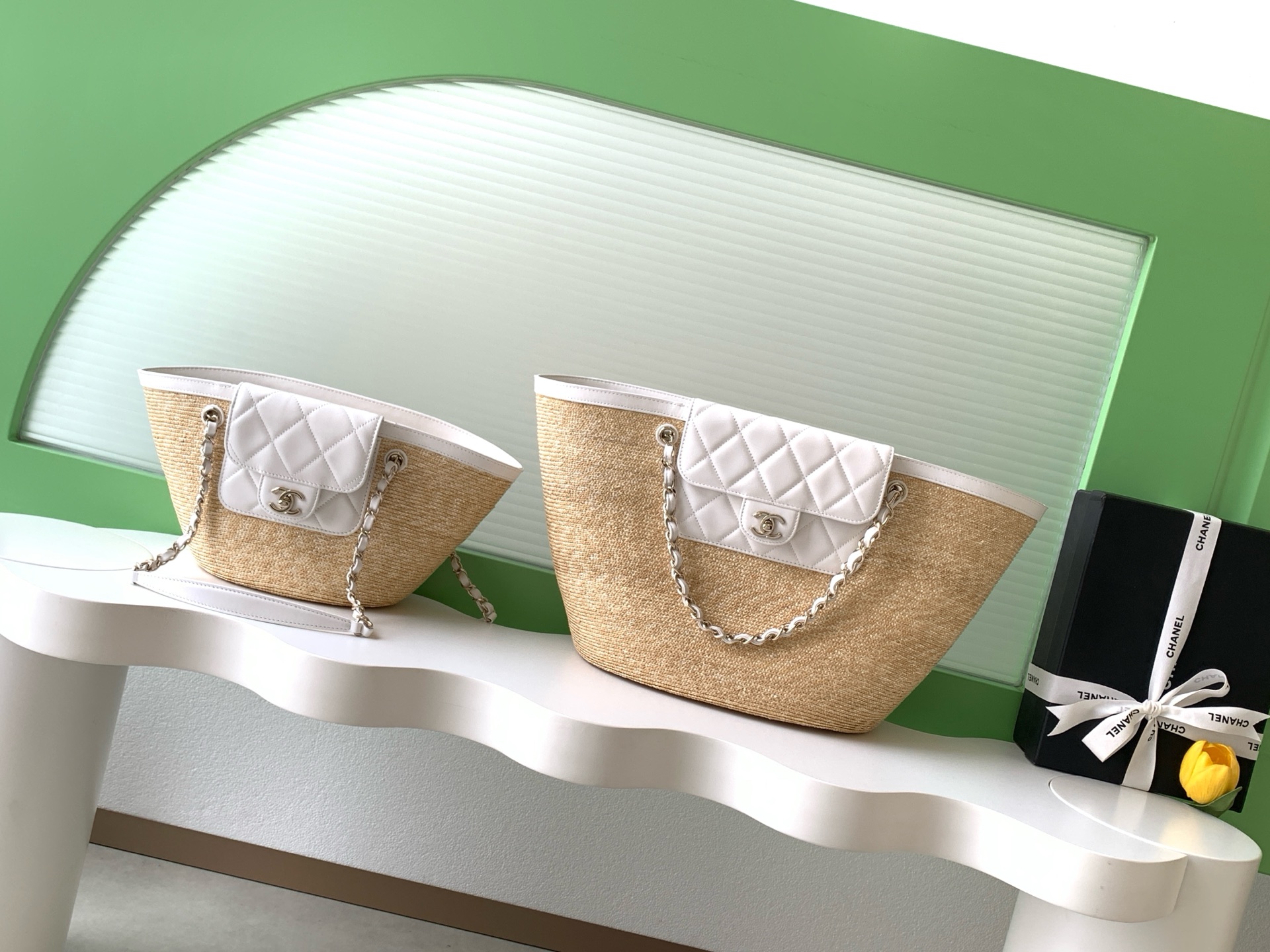TOP CHANEL 26C Straw-Woven Patchwork Shopping Basket Bag 18-41-13cm/26-54-18cm- 2 Colors