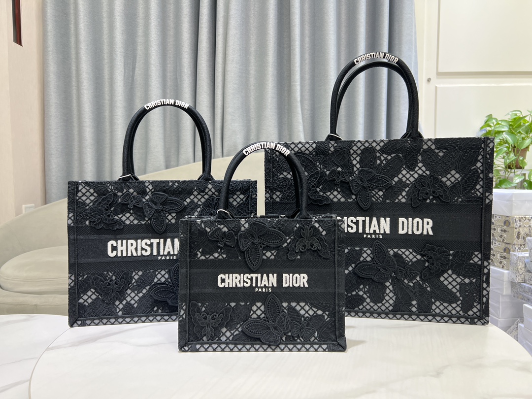 TOP Christian Dior Hollow Butterfly Book Tote Handbag - 3 Sizes - Black
