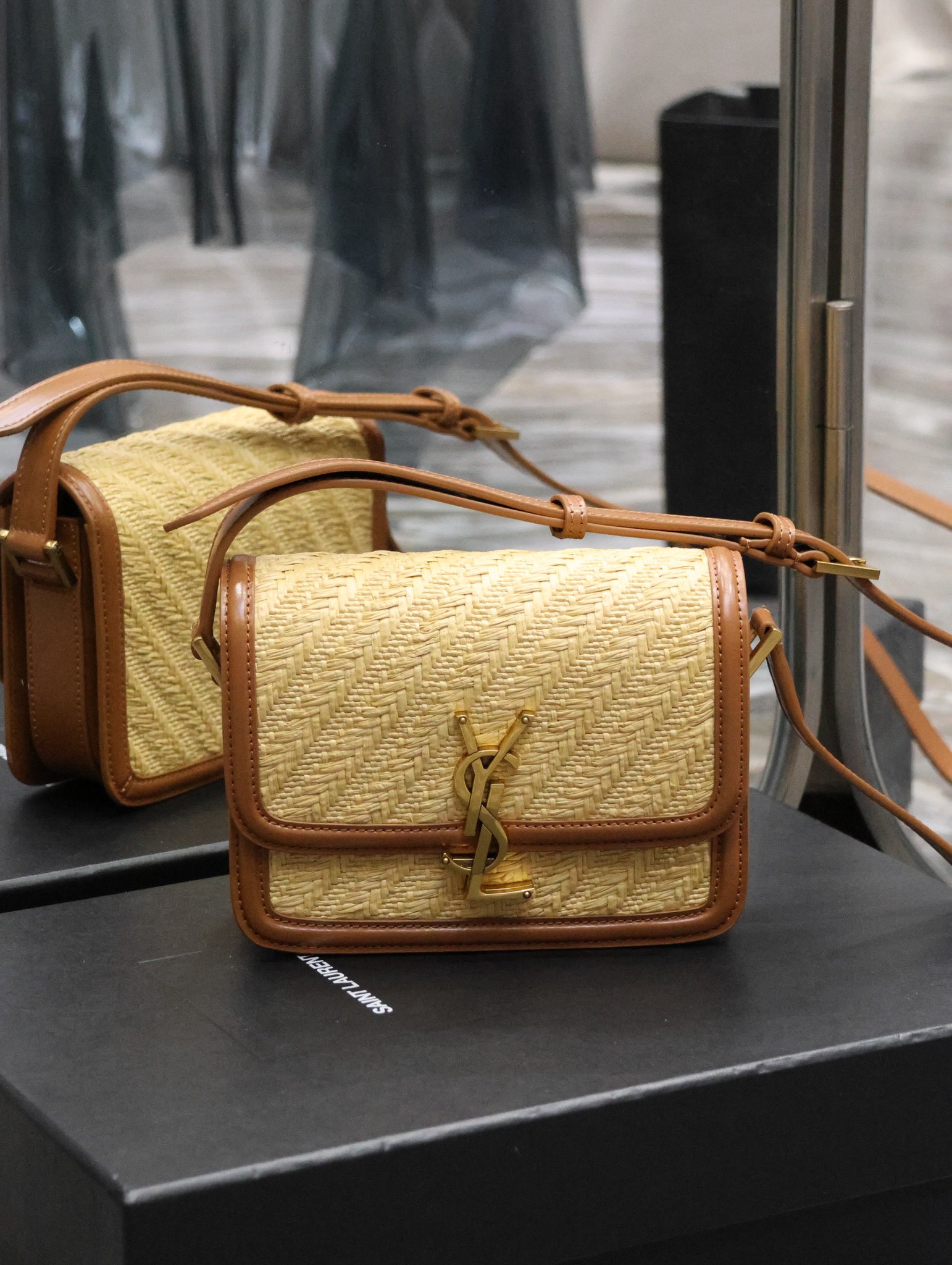 TOP Yves Saint Laurent YSL Cowhide with weaving Solferino Bags 19/23cm - Khaki&GHW