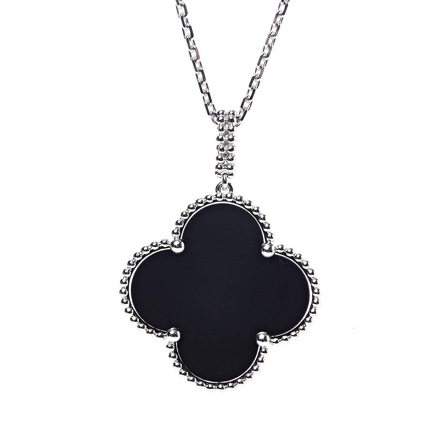TOP Van Cleef & Arpels VCA 18K White Gold Black Onyx Magic Alhambra Pendant Necklace  - Black
