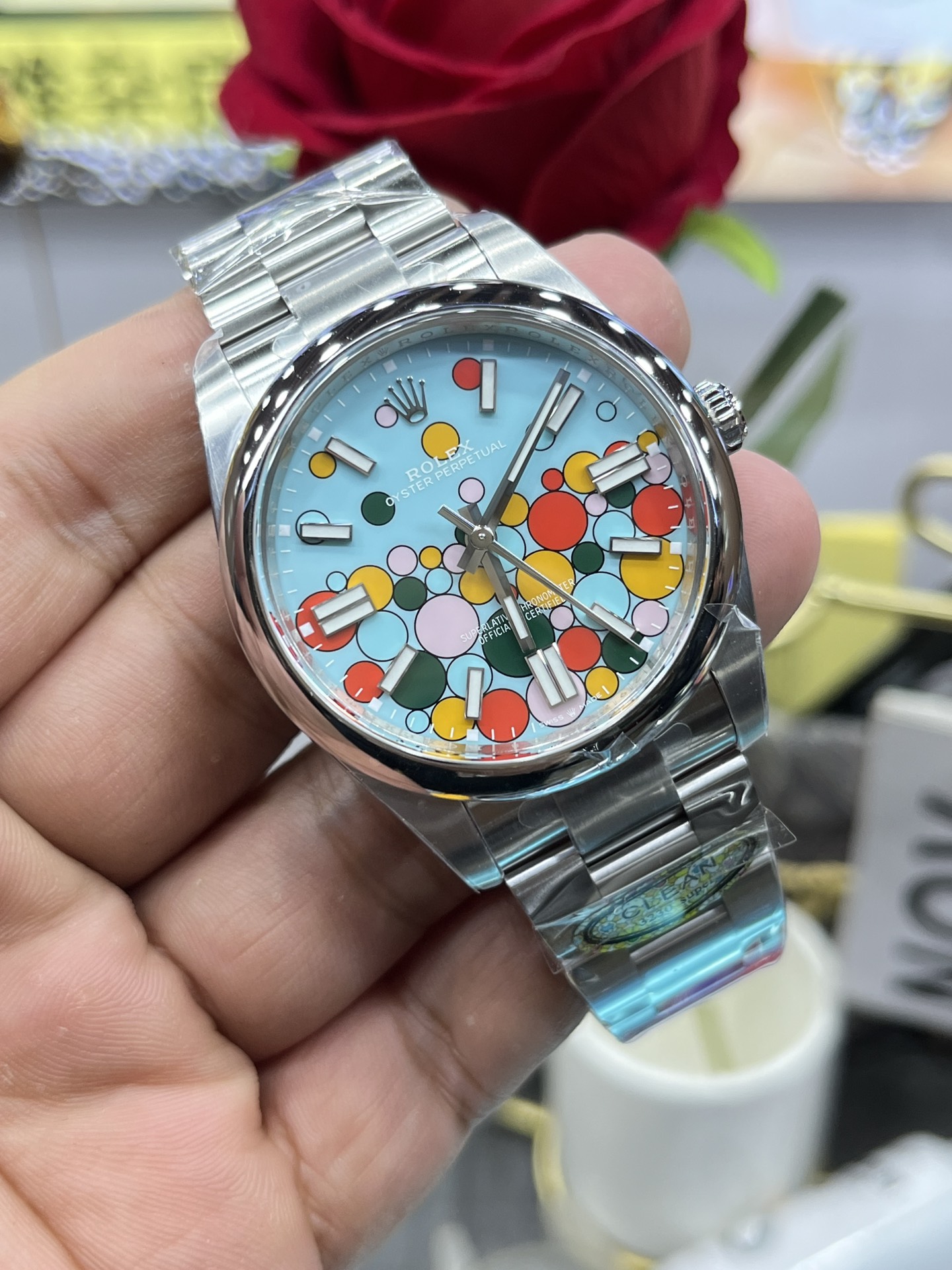 TOP ROLEX Oyster Perpetual W36mm Stainless Steel Turquise Blue/Celebration motif Dial Watch - Sliver