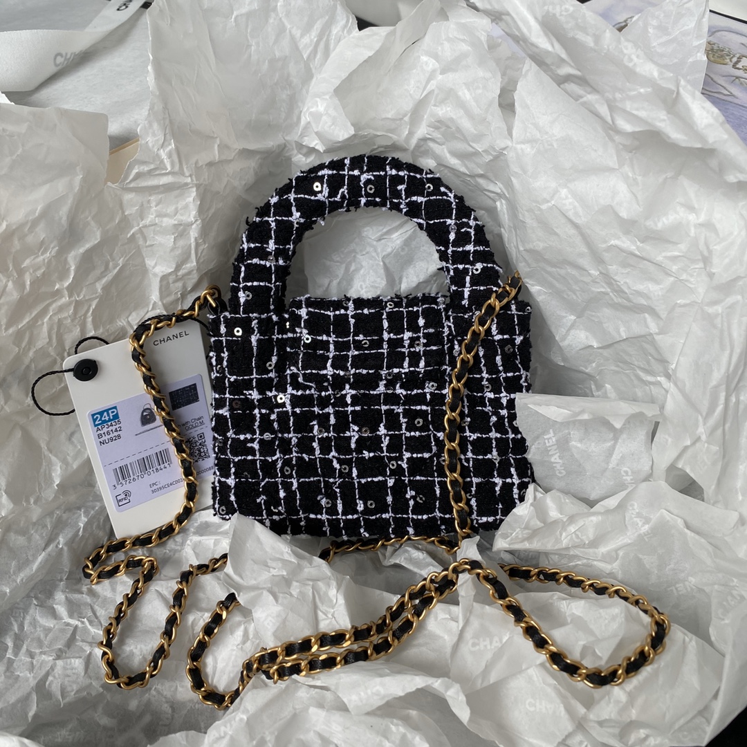 TOP CHANEL Woolen Bead Chain Bag 12cm - Black&GHW