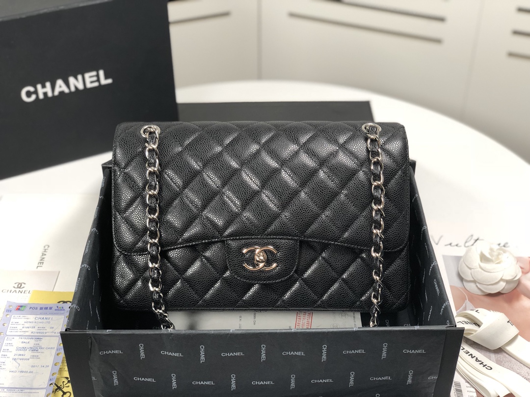 TOP CHANEL Classic Flap Bag 30cm - GHW/SHW - Black