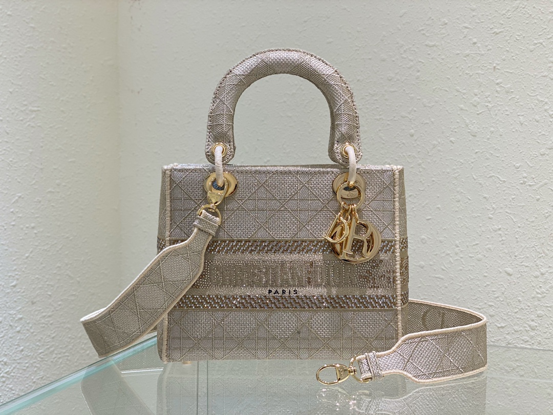 Top Christian Dior MINI LADY D-LITE BAG Gold & Pink & Apricot silk embroidery 3 colors