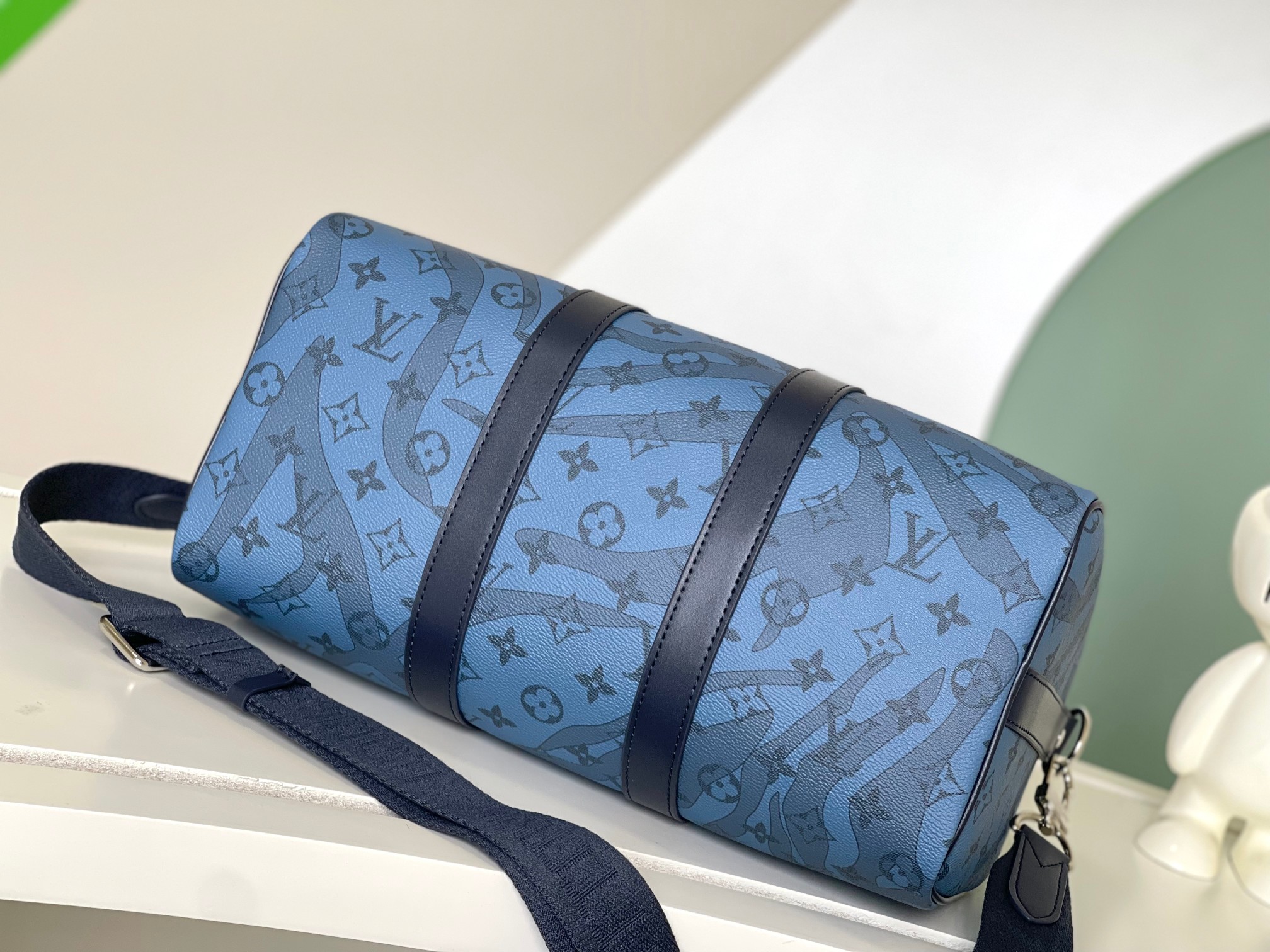 TOP Louis Vuitton LV  Keepall Bandoulière 35 Monogram Aquagarden Canvas Handbag 34x21x16cm-Blue