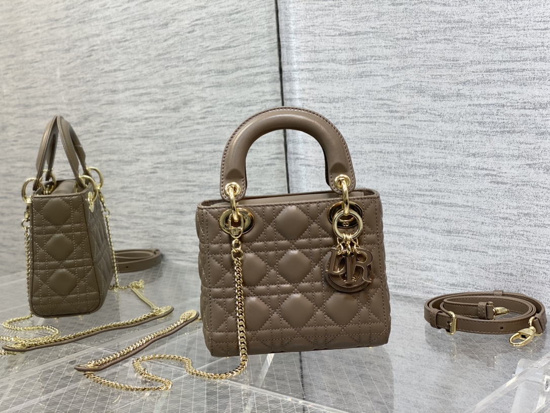 TOP Christian Dior  Lady Dior  Handbag 17cm- Taupe - GHW