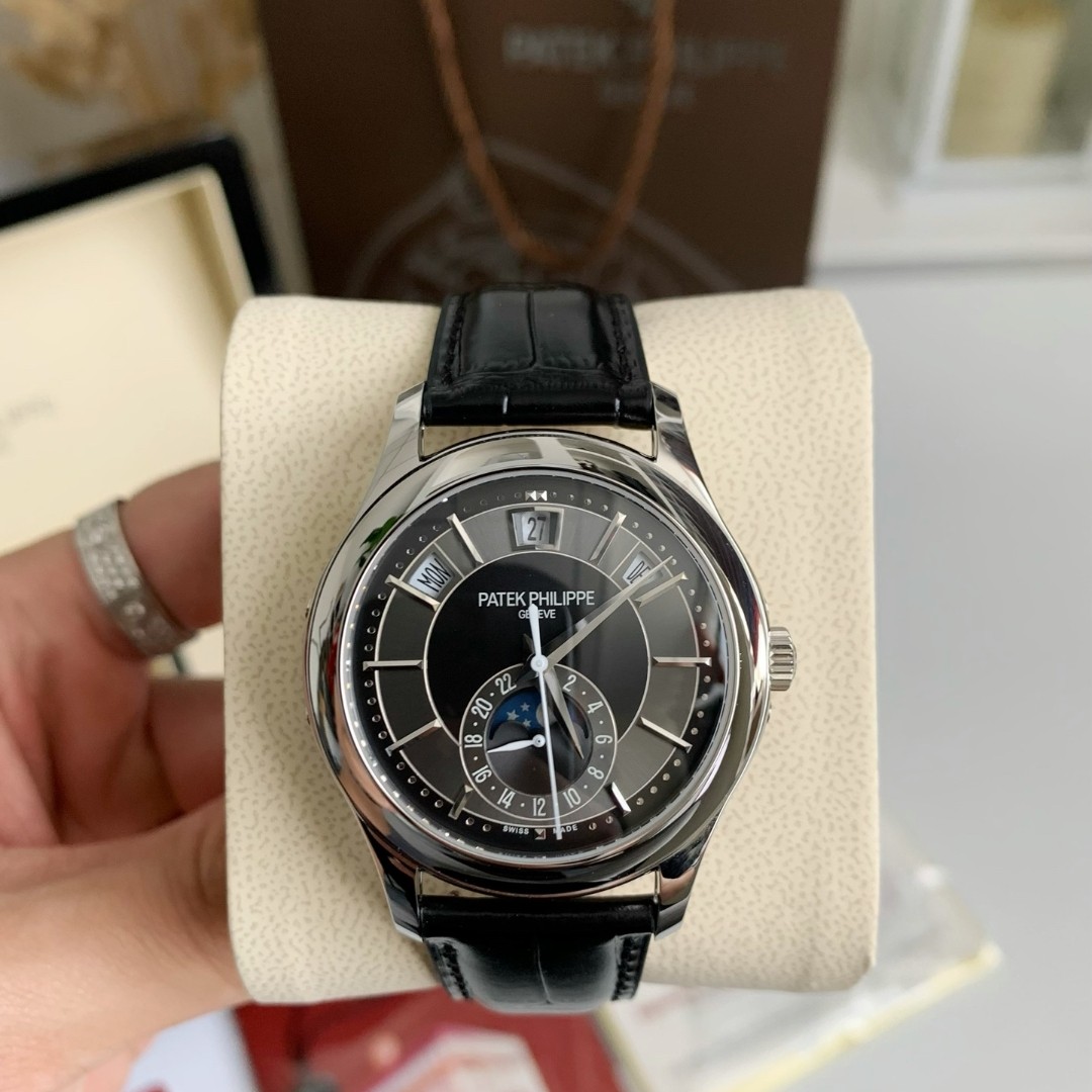 Patek Philippe Men’s Automatic Watch, Moon Phase Calendar Black Dial Alligator Leather Strap Business Wristwatch