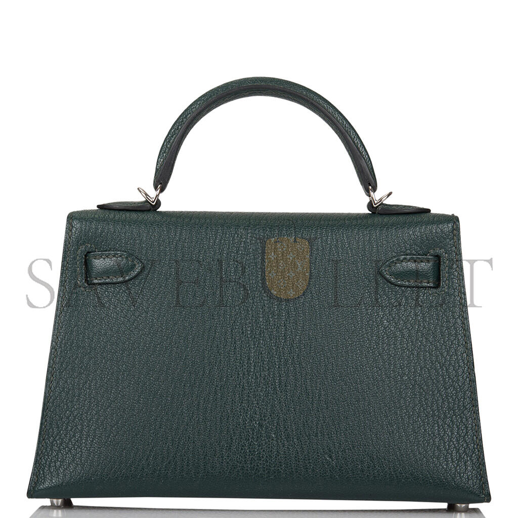 HERMÈS SELLIER KELLY II CHEVRE LEATHER TITAN GREEN WITH NORTHERN BLUE INSIDE (19*12*5.5cm)