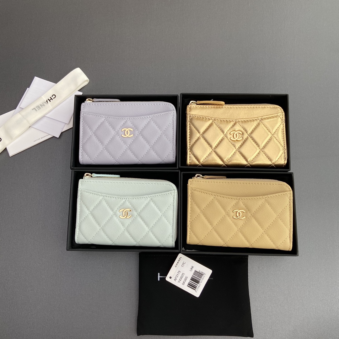 TOP CHANEL Zipped Cardholder Calfskin/Lambskin 13x9x2cm -12 Color