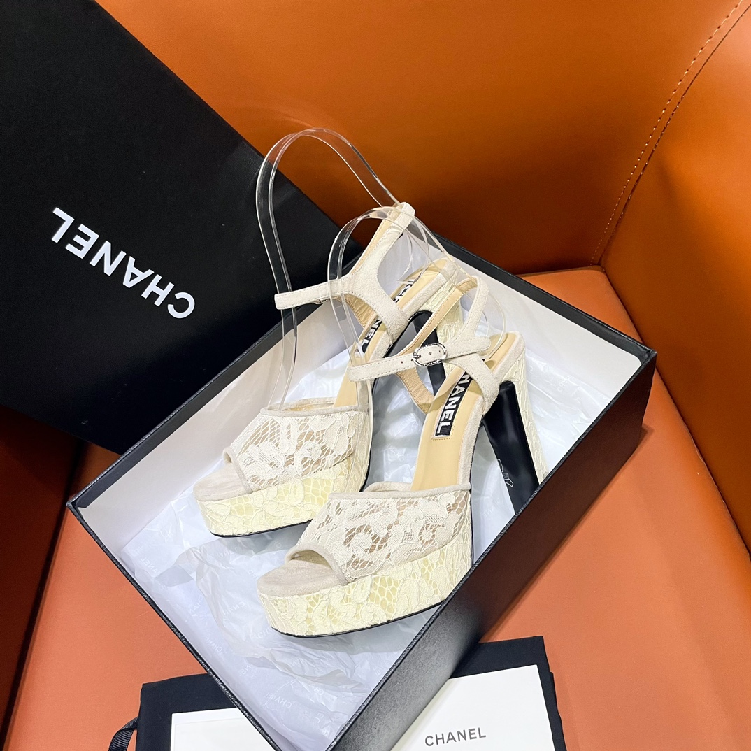 TOP CHANEL Lace CC 12cm High Heel Platform Sandals - 2 Color