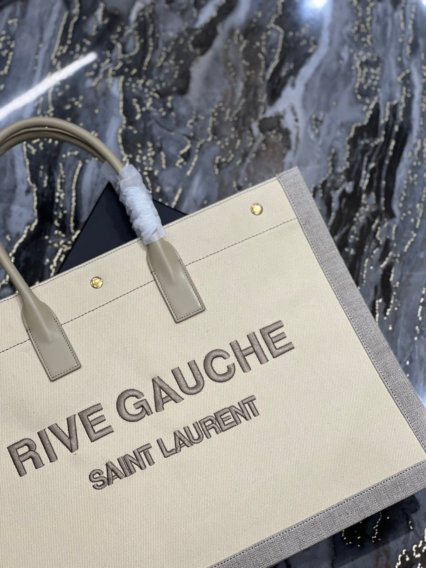 TOP Yves Saint Laurent YSL Rive Gauche Canvas Embroidery Tote Bag - Tan