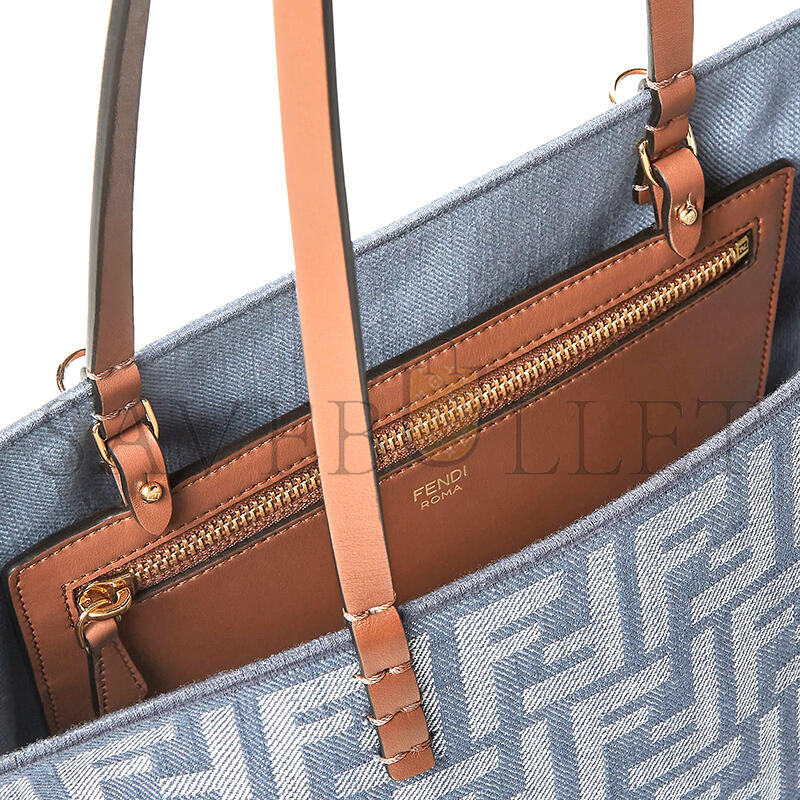 FENDI SMALL ROLL BLUE DENIM-EFFECT FF JACQUARD REVERSIBLE SHOPPER 8BH424AUT4F1SXQ (23*19.5*15cm)