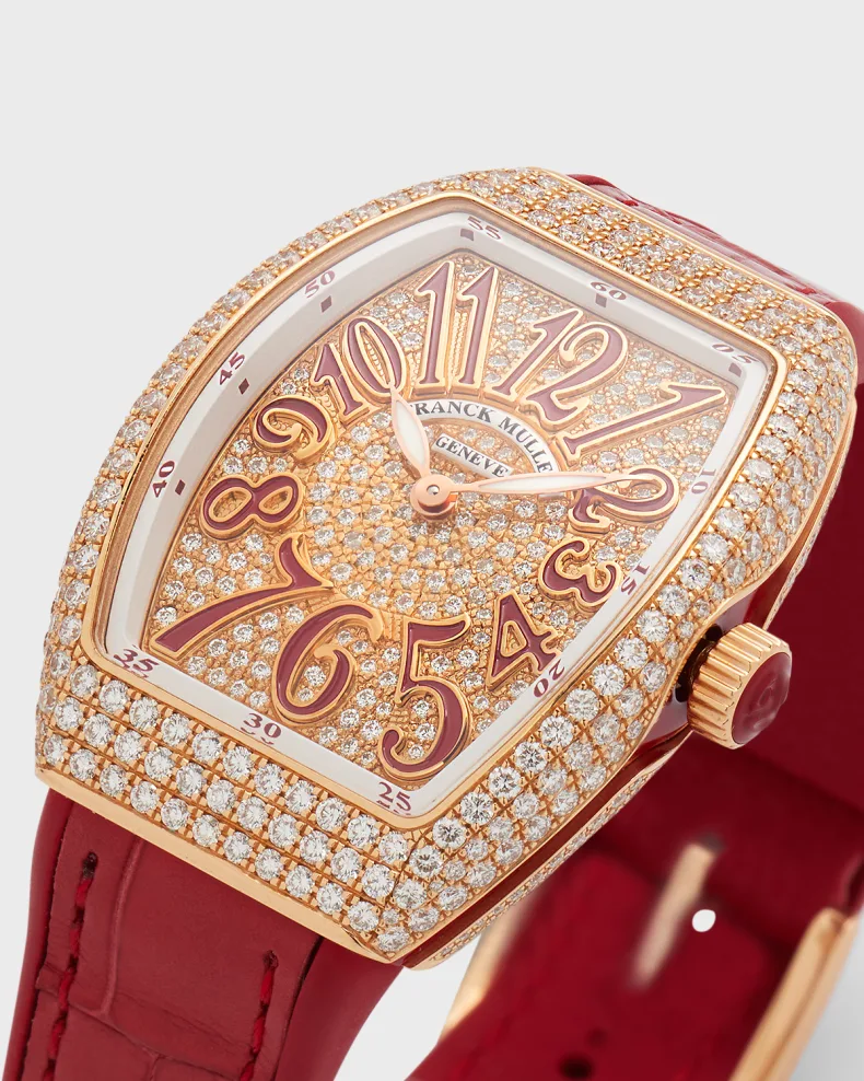 TOP Franck Muller 18K Rose Gold Diamond Lady Vanguard Watch with Red Alligator Strap