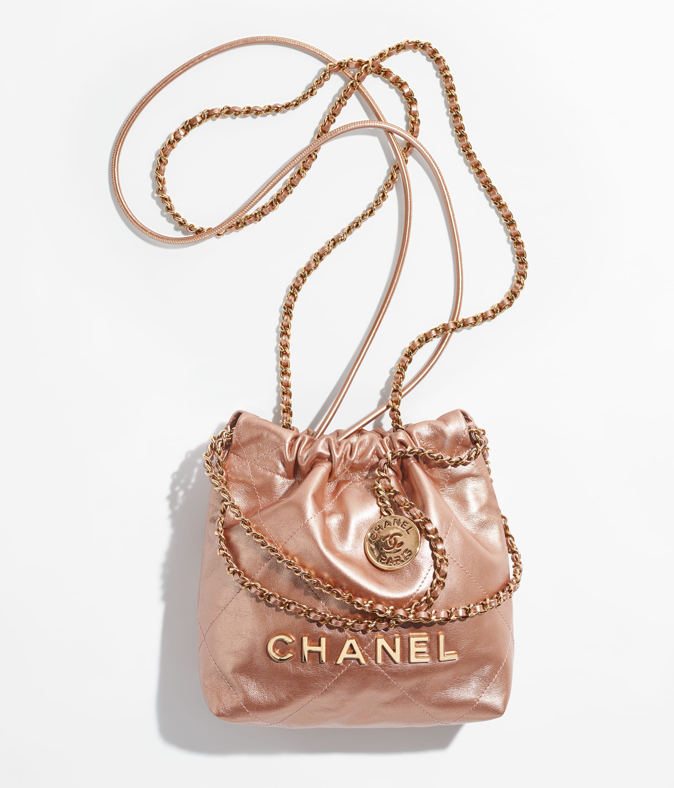 CHANEL 22 MINI HANDBAG Metallic Calfskin & Pink Gold-Tone Metal Copper