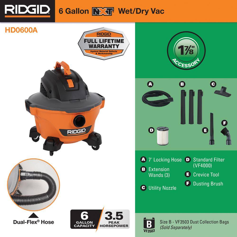 6 Gallon 3.5 Peak HP NXT Shop Vac Wet Dry Vacuum with Filter, Hose, Wands, Utility Nozzle, Crevice Tool, Dusting Brush