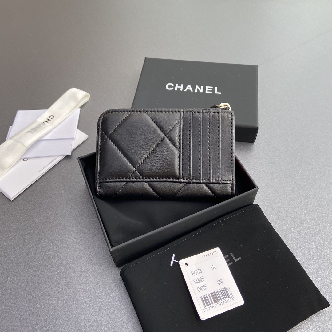 TOP CHANEL Mini Zipper Card Holder 13x9x2cm - Black