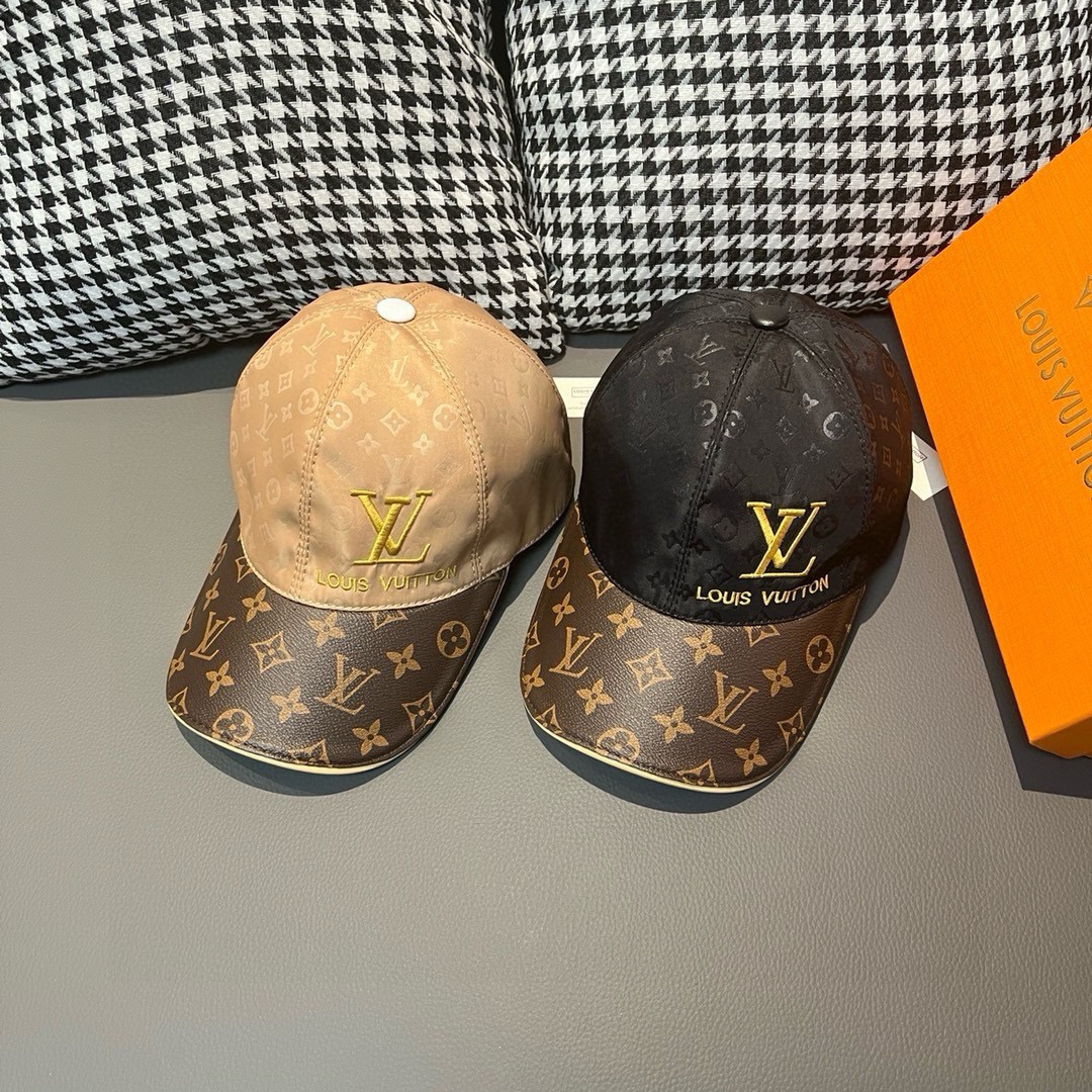 TOP Louis Vuitton LV Printed Satin Fabric + Monogram Leather Baseball Hat - 2 Color