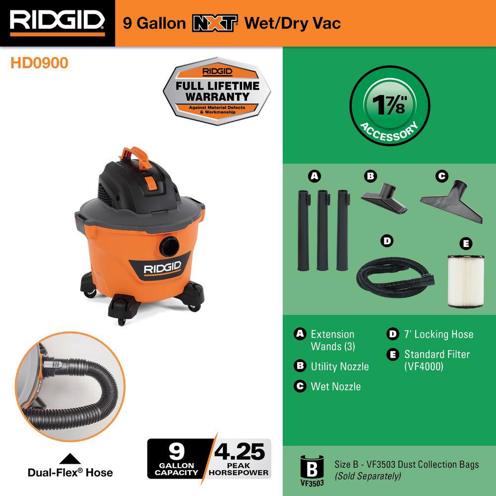 9 Gallon 4.25 Peak HP NXT Shop Vac Wet Dry Vacuum with General Debris Filter, Locking Hose and Accessory Attachments