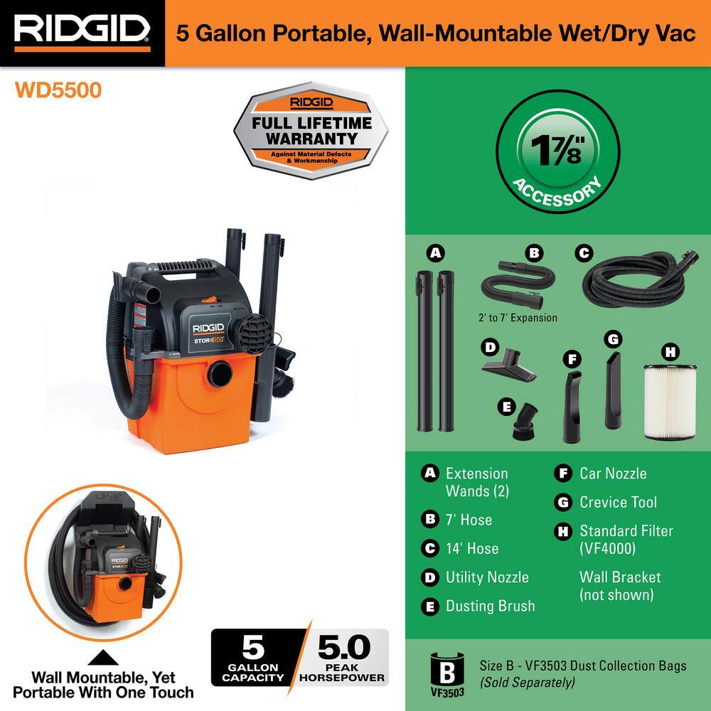 5 Gal. 5.0 Peak HP Portable Wall Mount Shop Vac Wet Dry Vacuum with Filter, Two Locking Hoses and Accessory Attachments
