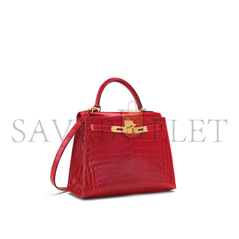 HERMÈS SHINY CHINESE RED ALLIGATOR KELLY 28 WITH GOLD HARDWARE (28*22*10cm)